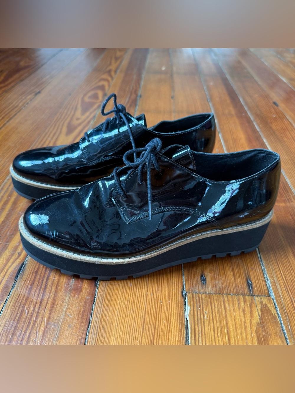 Eileen Fisher Black patent leather Oxford platform loafers 7.5